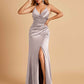 Sexy Satin Sheath Bridesmaid Dresses Spaghetti Straps V-neck Side Slit Pleats Floor Length