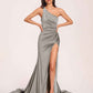 Jersey One-shoulder Prom Dresses Open Back Pleats Side-Slit With Train Long