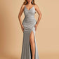 Sexy Jersey Mermaid Bridesmaid Dresses Spaghetti Straps V-neck Criss Cross Side Slit Floor Length