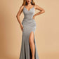 Jersey Mermaid Bridesmaid Dresses Spaghetti Straps V-neck Side Slit Pleats Floor Length