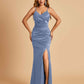Sexy Satin Mermaid Bridesmaid Dresses Spaghetti Straps V-neck Side Slit Floor Length