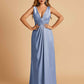 Sexy Satin Deep V-neck Long Bridesmaid Dresses A-line Pleats Sleeveless Floor Length
