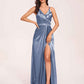 Sexy Satin A-line Prom Dresses Spaghetti Straps Side Slit V-neck Floor Length