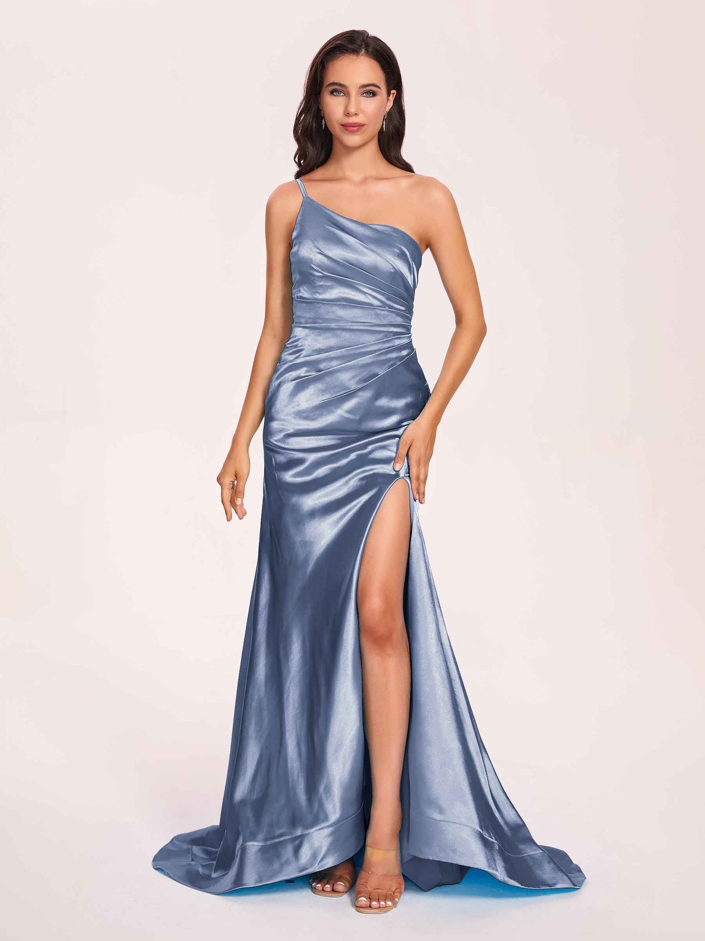 Satin One-shoulder Mermaid Prom Dresses Side Slit Pleats Floor Length