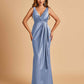 Sexy Satin Sheath V-neck Bridesmaid Dresses Strapless Floor Length