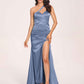 Sexy Satin One-shoulder Prom Dresses Side Slit Sheath Floor Length Long