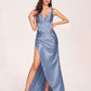 Satin Spaghetti Straps Corset Bridesmaid Dresses Pleats Side-Slit Sheath Floor Length