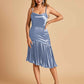 Sexy Satin Midi Asymmetrical Bridesmaid Dresses Spaghetti Straps Mermaid With Ruffles