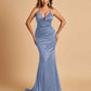 Satin Mermaid Open-back Bridesmaid Dresses Spaghetti Straps V-neck With Pleats Floor Length