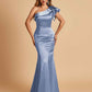Satin One-shoulder Bridesmaid Dresses Ruffle Sleeves Mermaid Floor Length For Sale