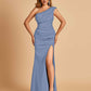 Satin One-shoulder Bridesmaid Dresses Mermaid Side Slit Sleeveless Floor Length