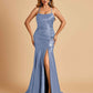 Sexy Satin Mermaid Prom Dresses Spaghetti Straps Scoop Side Slit Criss-cross Back