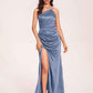 Satin Halter Pleats Sheath Prom Dresses Side-Slit Floor Length Sleeveless