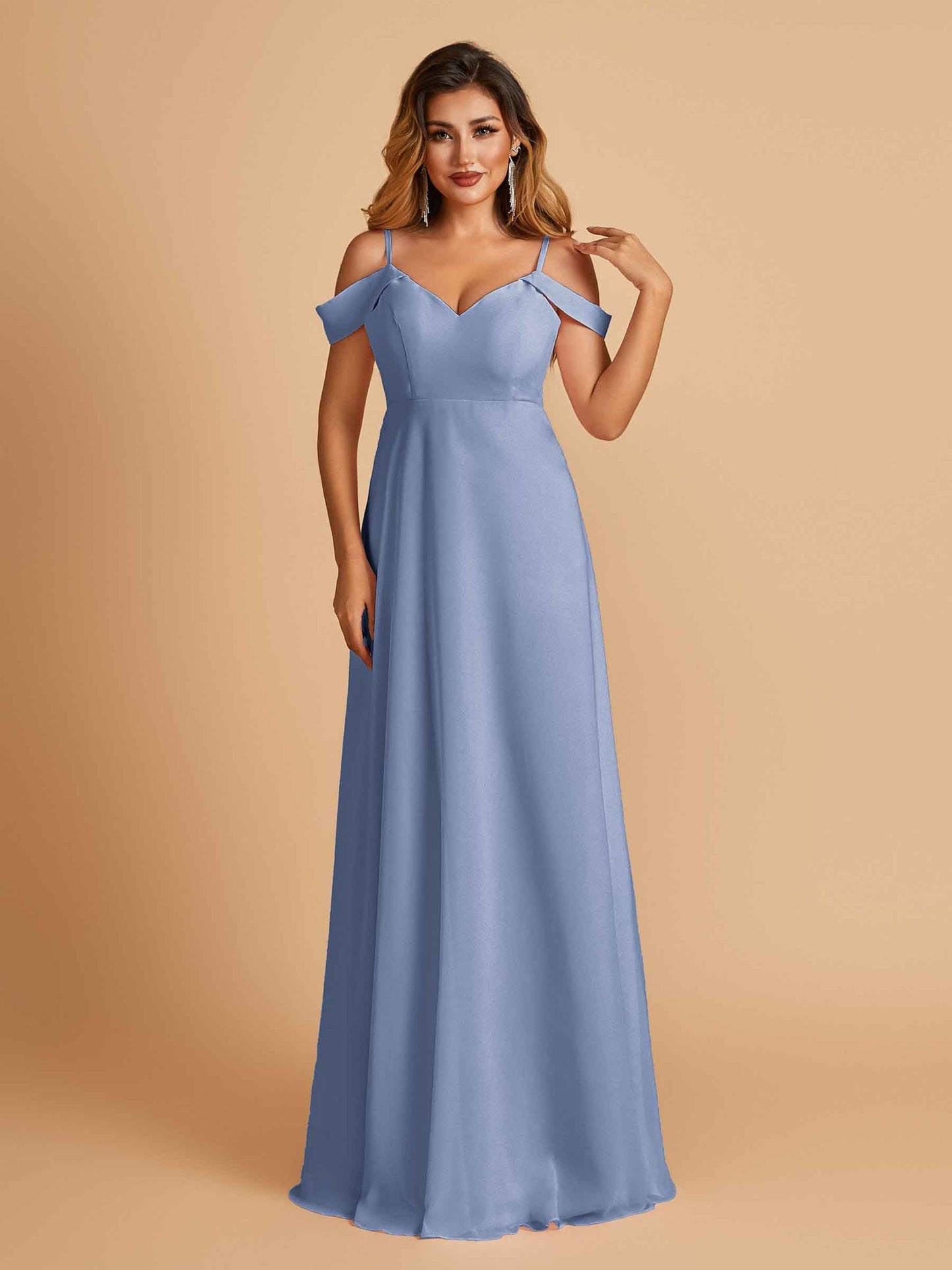 Chiffon Off-shoulder Long Bridesmaid Dresses V-neck Floor Length A-line For Sale