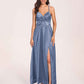 Satin Spaghetti Straps A-line Bridesmaid Dresses Side Slit Floor Length