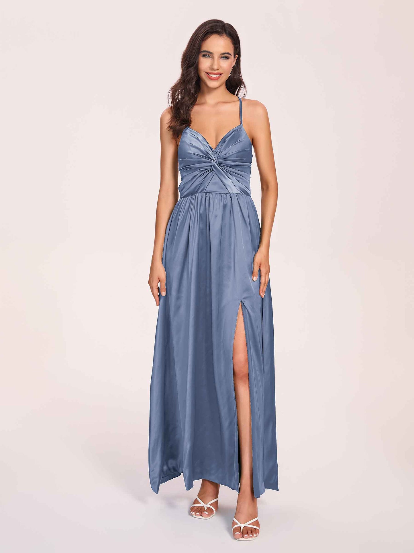 Satin Spaghetti Straps A-line Bridesmaid Dresses Side Slit Floor Length