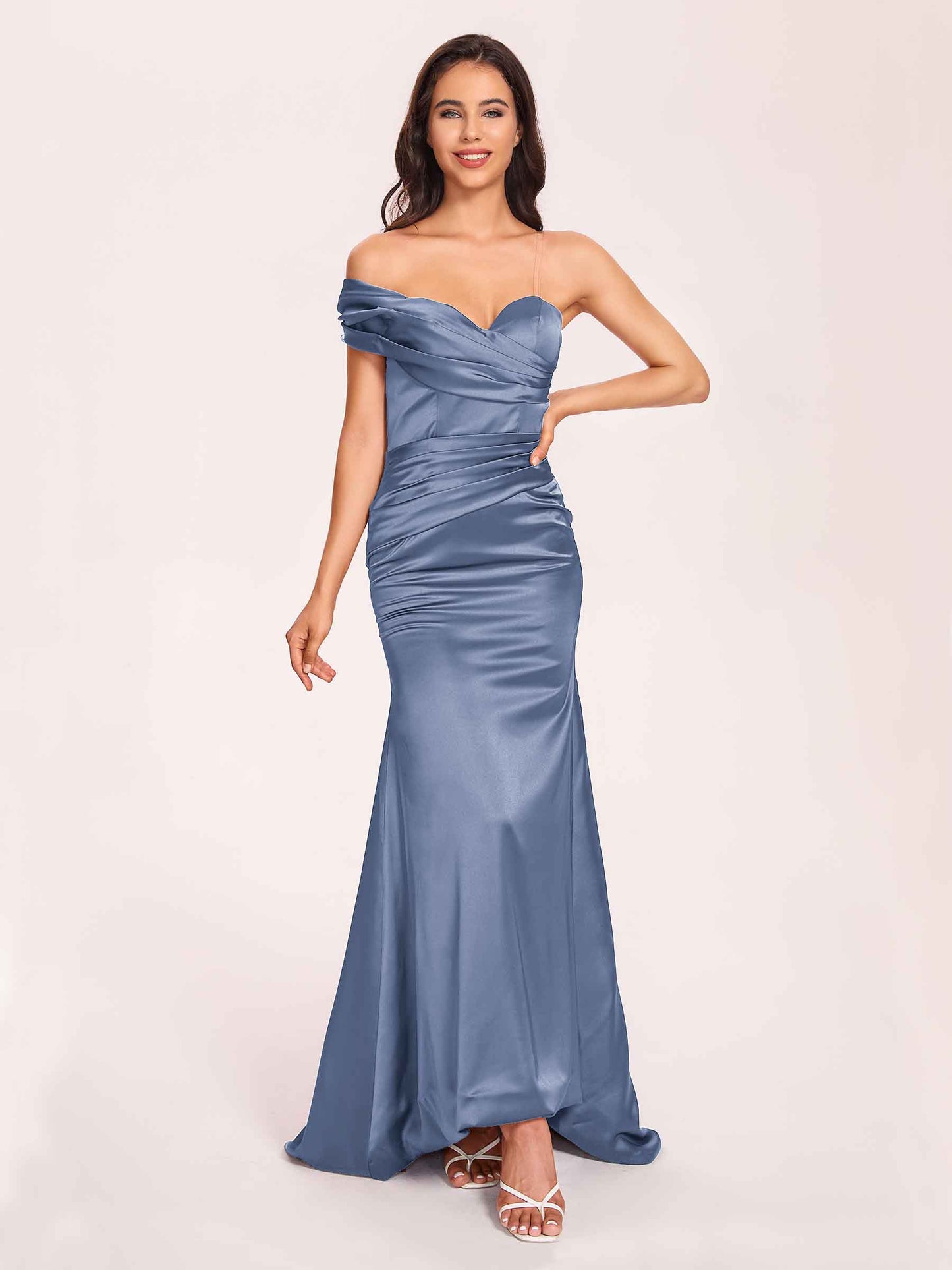 Satin One-shoulder Bridesmaid Dresses Pleats Floor Length Mermaid Long