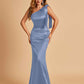 Sexy Satin One Shoulder Bridesmaid Dresses Long Zipper Side Floor Length Sheath
