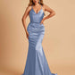 Sexy Satin Mermaid Prom Dresses Spaghetti Straps V-neck Pleats Floor Length