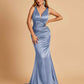 Sexy Satin Criss-cross Back Bridesmaid Dresses Mermaid Deep V-neck Back Pleats Floor Length