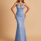 Satin Deep V-neck Mermaid Prom Dresses Open Back Floor Length