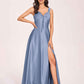 Satin V-neck A-line Prom Dresses Side slit Floor Length