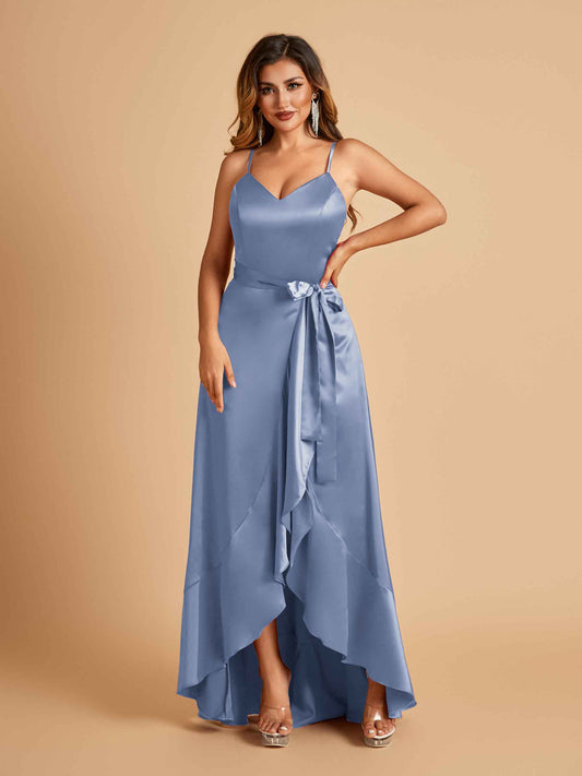 Satin Asymmetric V-neck Bridesmaid Dresses Sleeveless Side Slit A-line Unique