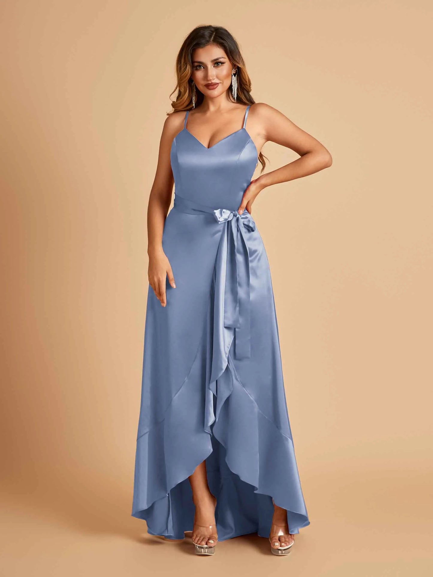 Satin Asymmetric V-neck Bridesmaid Dresses Sleeveless Side Slit A-line Unique For Sale