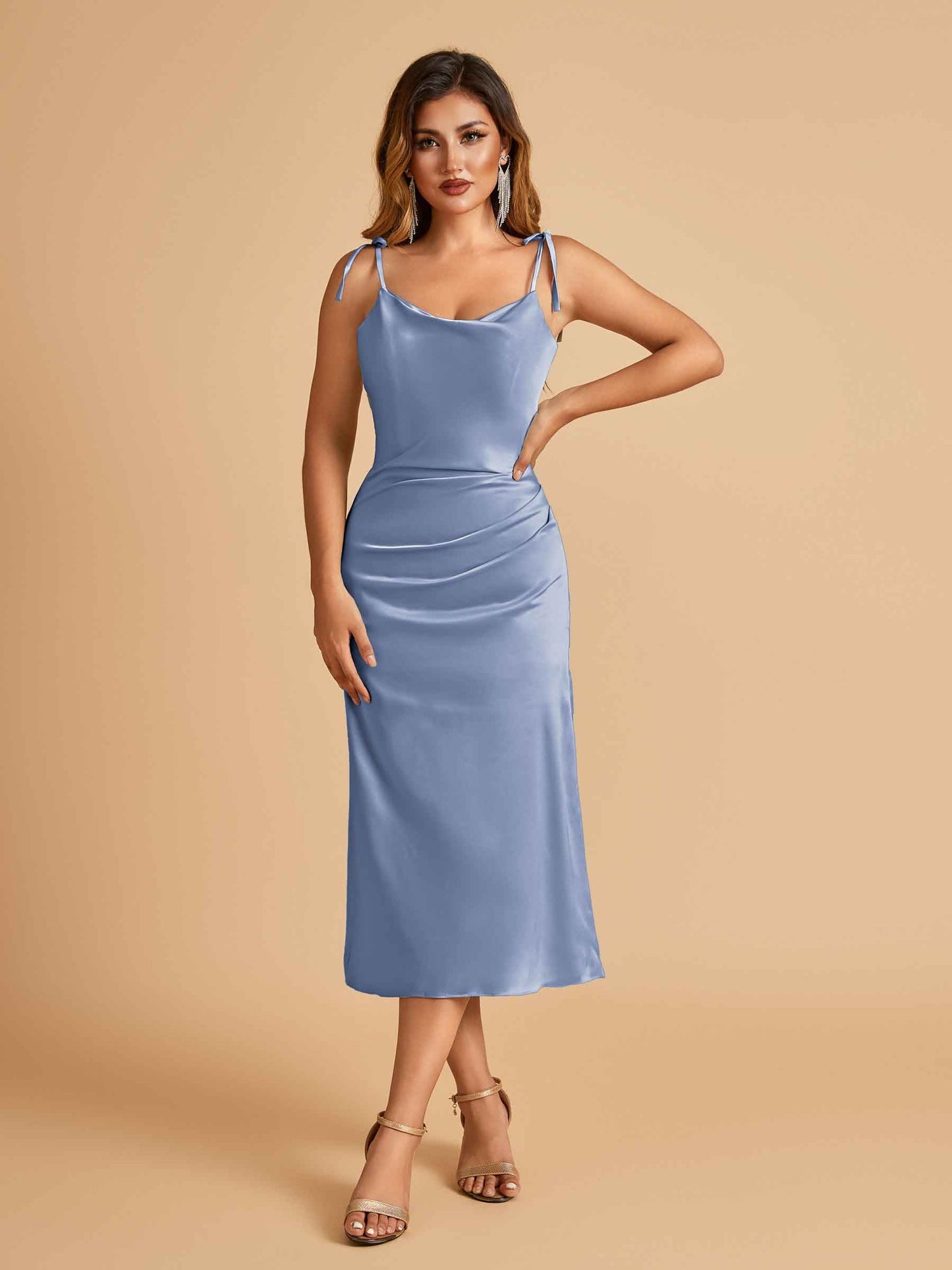 Sexy Satin Midi Prom Dresses Spaghetti Straps Slip Scoop Side Slit