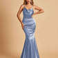 Satin Mermaid Open Back Bridesmaid Dresses Spaghetti Straps Scoop Floor Length