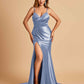 Satin Mermaid V-neck Bridesmaid Dresses Spaghetti Straps Side Slit Floor Length
