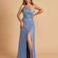 Satin One Shoulder Sheath Prom Dresses Spaghetti Straps Side Slit Floor Length