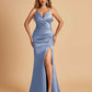 Sexy Satin Mermaid Long Prom Dresses Spaghetti Straps Sweetheart Side Slit Criss-cross Back