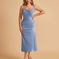 Sexy Satin Midi Bridesmaid Dresses Spaghetti Straps Slip Scoop Side Slit