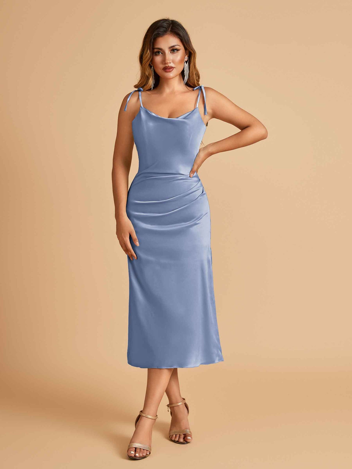 Sexy Satin Midi Bridesmaid Dresses Spaghetti Straps Slip Scoop Side Slit