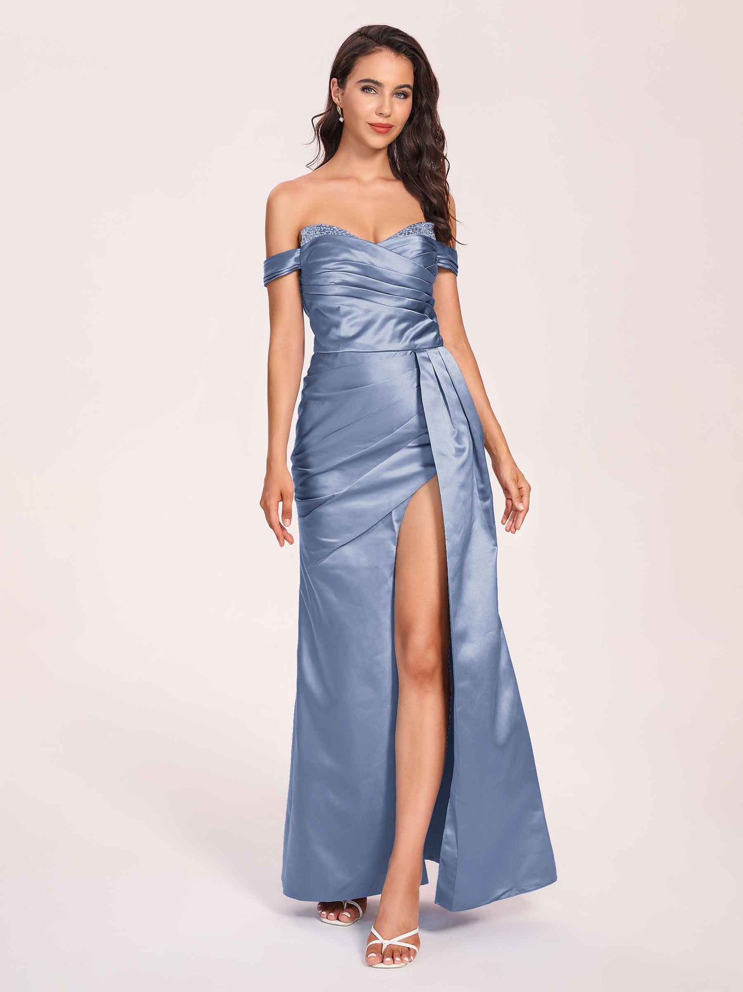 Elegant Satin Off Shoulder Bridesmaid Dresses Side-slit Sweetheart Floor Length Sheath