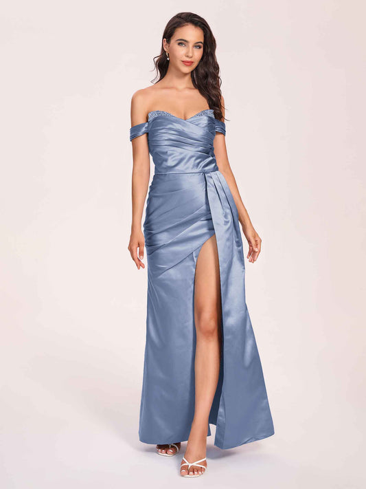Elegant Satin Off Shoulder Bridesmaid Dresses Side-slit Sweetheart Floor Length Sheath