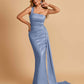 Sexy Satin One Shoulder Mermaid Bridesmaid Dresses Pleats Floor Length