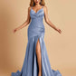 Sexy Satin Mermaid Open Back Prom Dresses Spaghetti Straps V-neck Side Slit