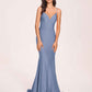 Sexy Satin Mermaid Prom Dresses Spaghetti Straps V-neck Floor Length Lace-up Back