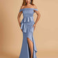 Satin Mermaid Off Shoulder Prom Dresses With Ruffles Side Slit Floor Length