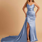 Sexy Satin Sheath Bridesmaid Dresses Strapless Sweetheart Side Slit With Train