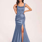 Sexy Satin Square Mermaid Bridesmaid Dresses Pleats Side-Slit Floor-Length Sleeveless
