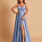 Satin A-line Long Prom Dresses Spaghetti Straps V-neck Side Slit Floor Length