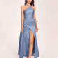 Sexy Satin Halter Strap Sheath Bridesmaid Dresses Side Slit Pleats Floor Length