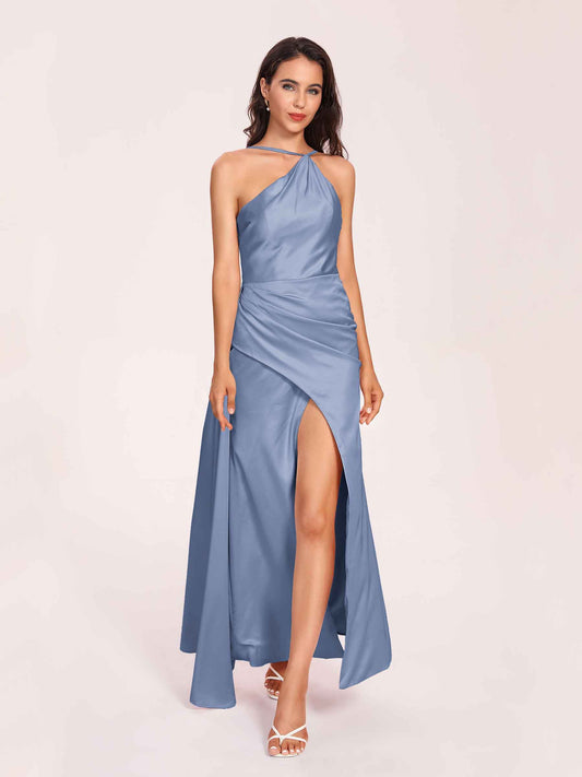 Sexy Satin Halter Strap Sheath Bridesmaid Dresses Side Slit Pleats Floor Length