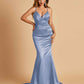 Satin Mermaid V-neck Prom Dresses Spaghetti Straps Floor Length