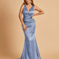 Sexy Satin Criss-cross Back Prom Dresses Mermaid Deep V-neck Back Pleats Floor Length
