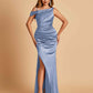 Unique Satin One Shoulder Prom Dresses Side Slit Half Open Back Floor Length
