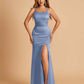 Satin Mermaid Long Bridesmaid Dresses Spaghetti Straps Scoop Side Slit Criss-cross Back